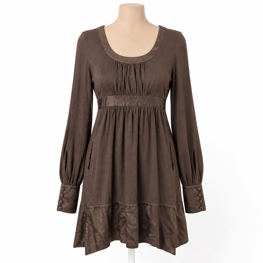 Vintage Y2K Empire Waist Babydoll Mini Dress Size 4 Brown 100% Silk Trim Preppy